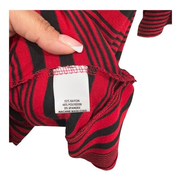 Kim Rogers Woman SZ 2X Red & Black Striped 3/4 Sleeve Tunic Top Asimetric hem - Picture 4 of 9